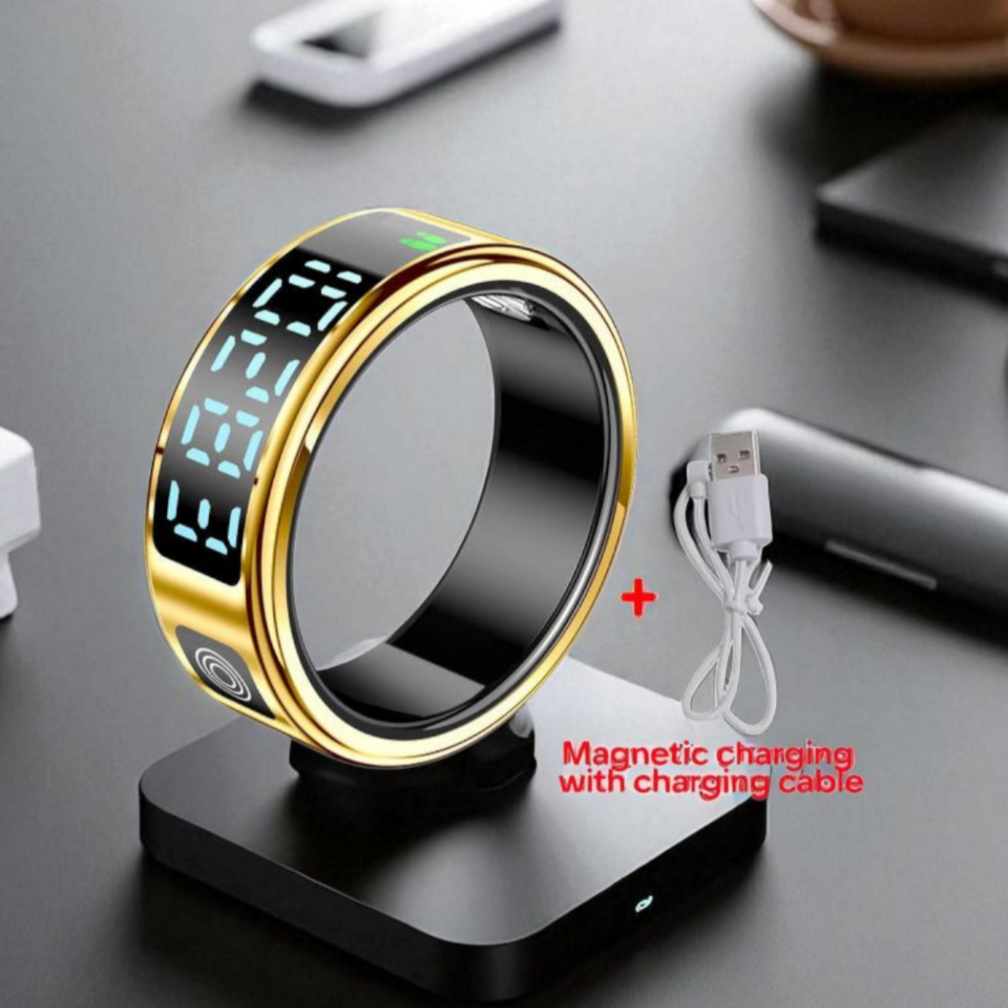 Profil élégant de la bague intelligente SR08 montrant son design fin et moderne en or gadjet-maison