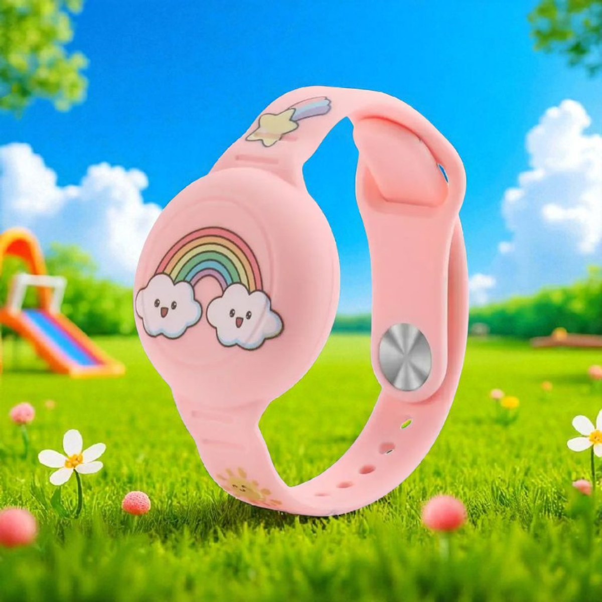 Bracelet AirTag roserés istant à l'eau en silicone souple pour enfants. Gadjet-maison