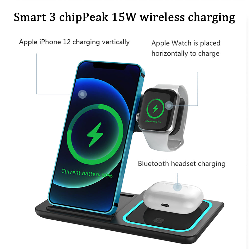 Station de charge sans fil 3-en-1 déployée - iPhone, AirPods et Apple Watch. Gadjet-maison