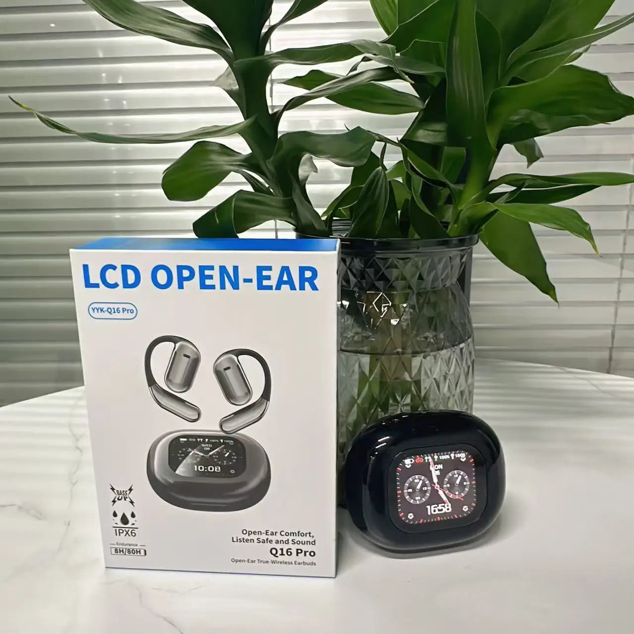 Écouteurs Bluetooth 5.3 YYK-Q16 Pro AI sport OWS avec boîtier noir et écran LED. Gadjet-maison