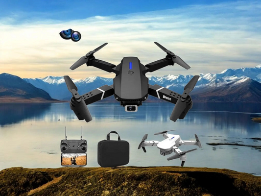 Drone E88 Pro pliable avec caméra 4K HD et WiFi FPV. Quadricoptère compact pour photographie aérienne. Vol stable, contrôle facile.
