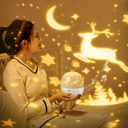 Boîte à musique projecteur galaxie en fonctionnement, projetant des étoiles bleues et violettes au plafond. Gadjet-maison